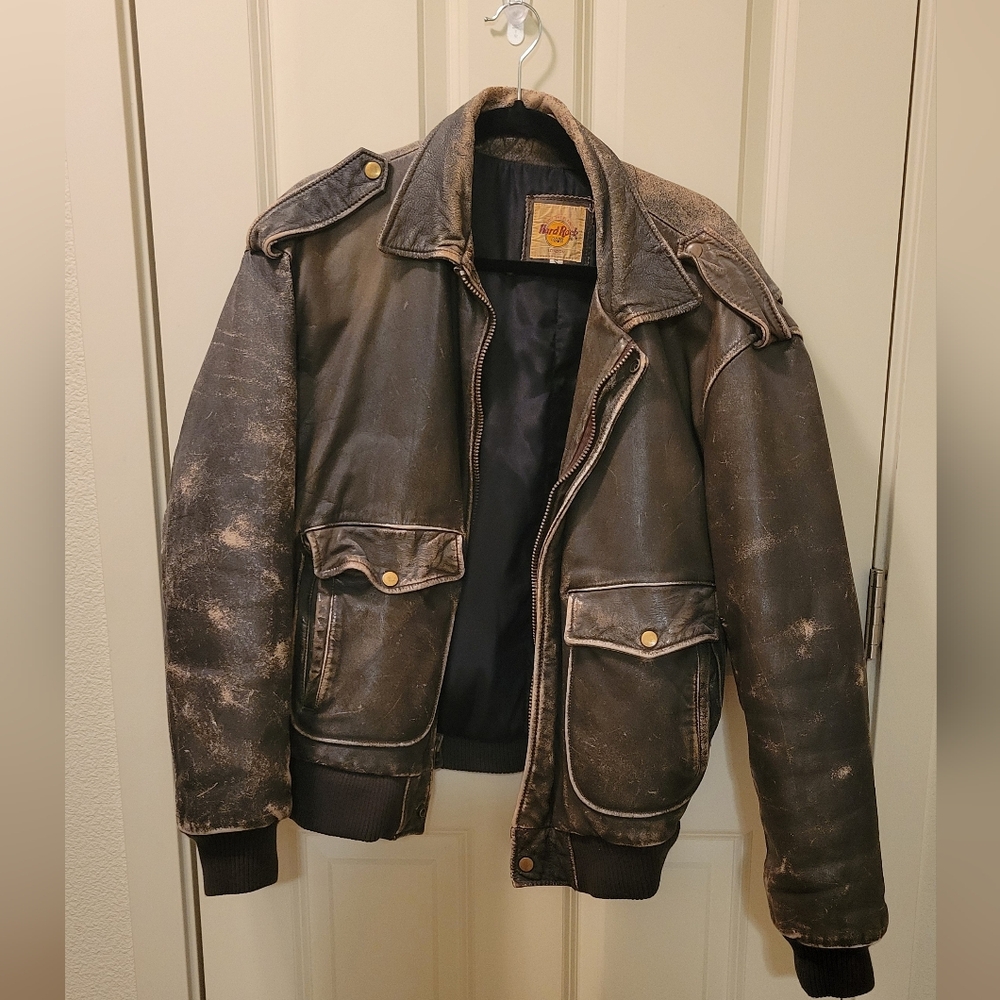 Hard Rock Cafe London Black Leather Bomber Jacket Mens sz Small